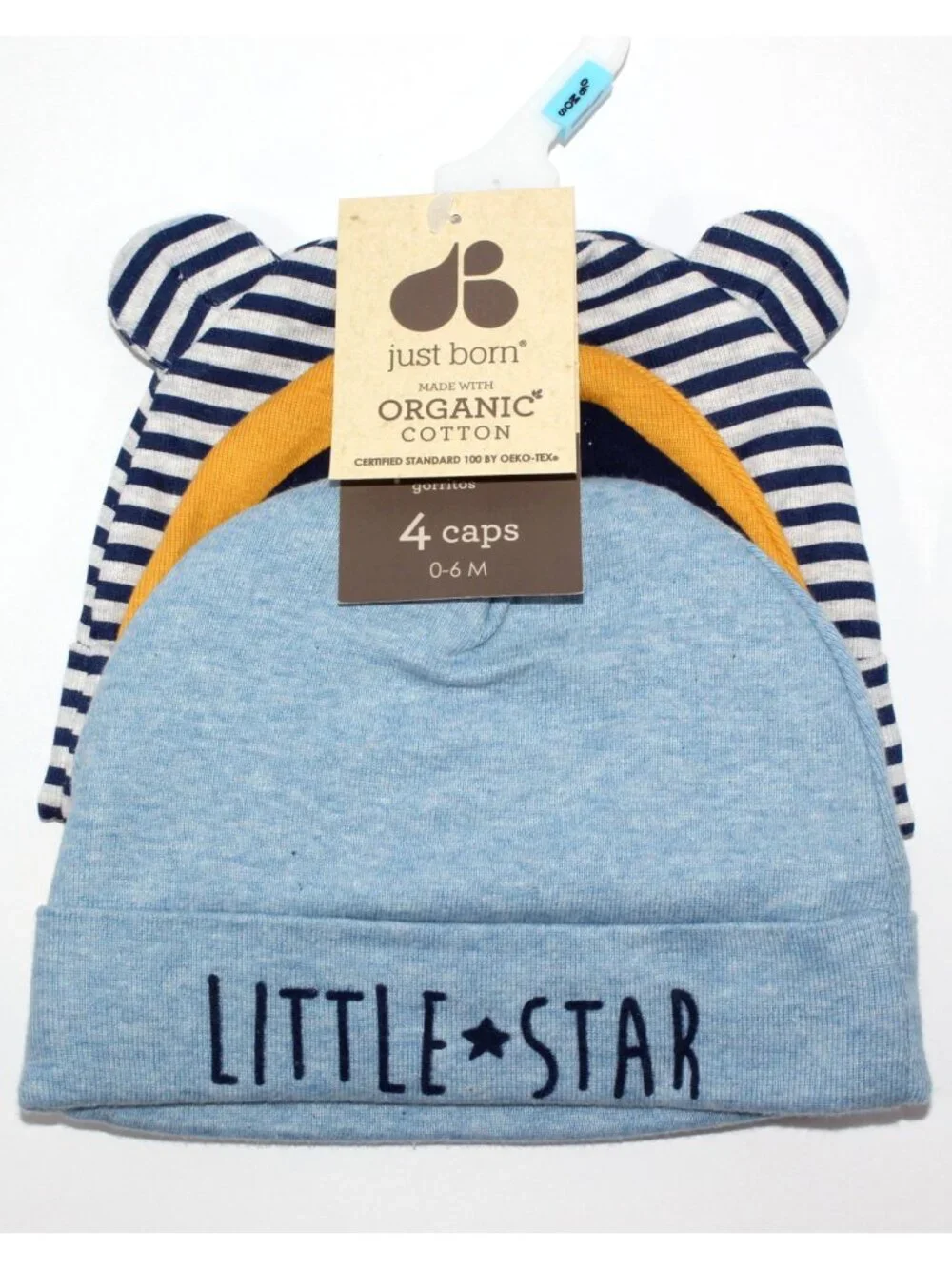 Just Born Baby Boys' 4-pk 100% Organic Cotton Solid Stripes Printed Baby Caps